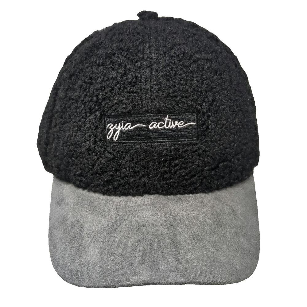 Zyia Active Baseball Cap Black Gray One Size Sherpa Fleece Faux Suede Patch Hat
